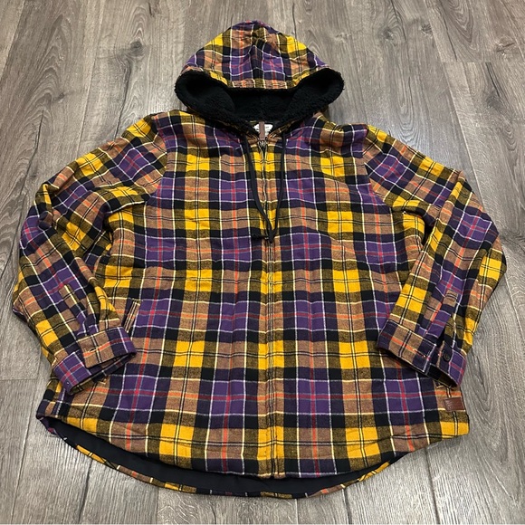 LL Bean Women's Large Shacket Scotch Plaid Fleece Lined Hoodie Purple Flannel - Picture 2 of 12